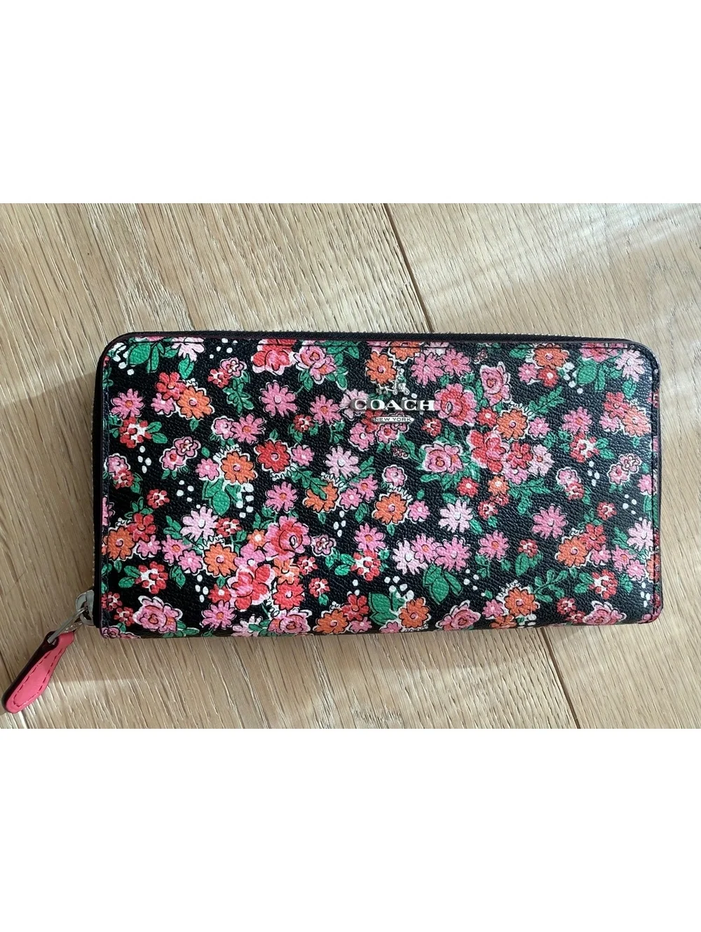 Coach Floral Print Zip Around Wallet Pink Black Leather